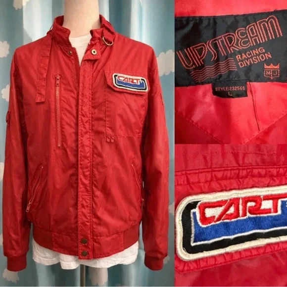 Vintage Upstream Racing jacket.  Nylon red with cart patch- fits like medium - Picture 2 of 8